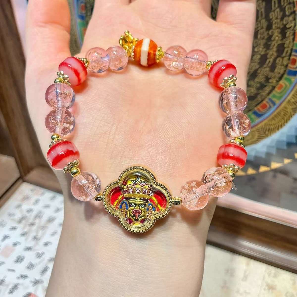 Handmade Pink Crystal & Red Agate Lucky Bracelet, Amulet Charm Bracelet for Protection & Peace, Spiritual Jewelry Gift