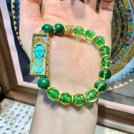 Green Tara Thangka Bracelet, Handmade Green Gold Foil Glass Beads Bracelet, Lucky Protection Amulet, Spiritual Healing Jewelry, Memorial Gift for Women orman