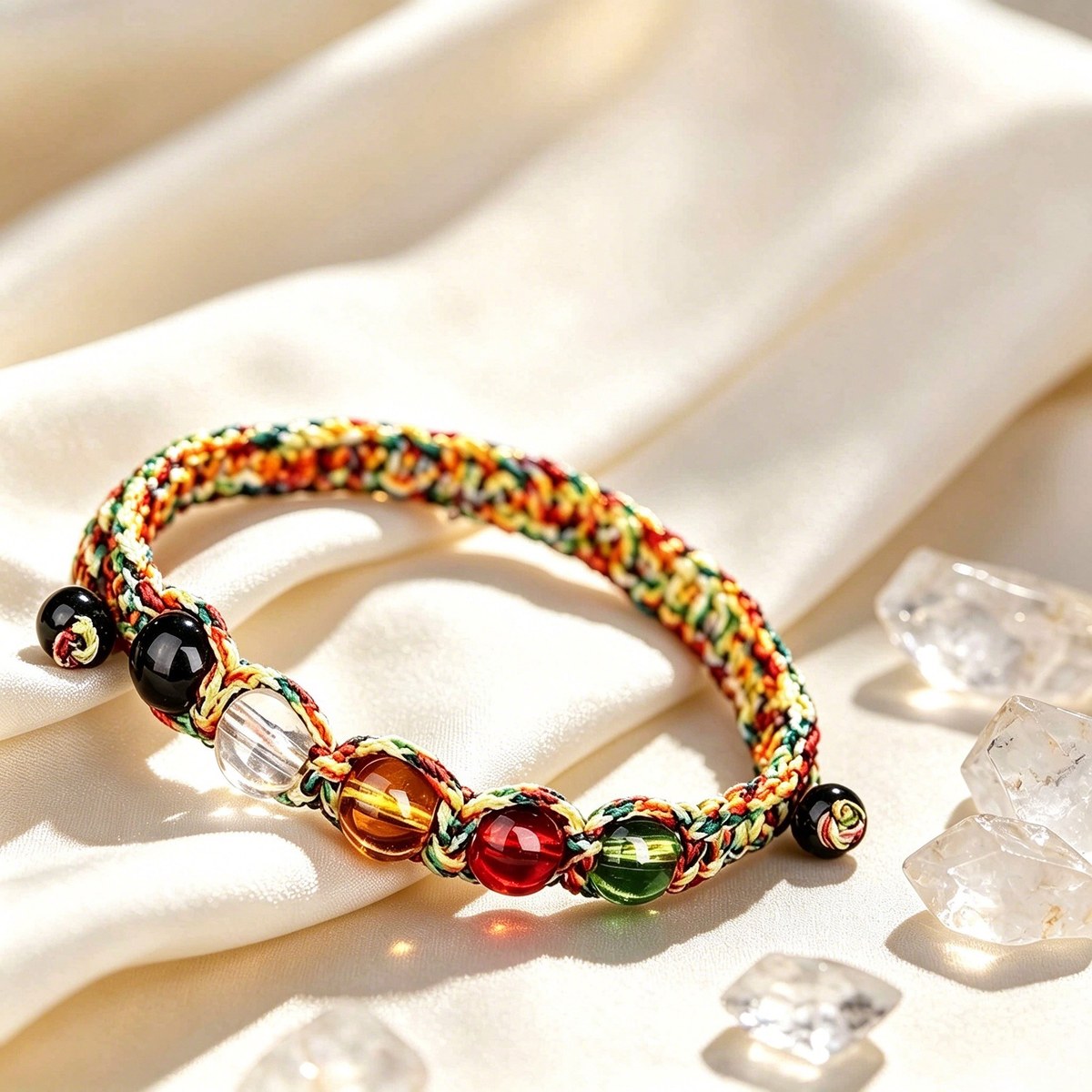 Handcrafted Multicolor Braided Chakra Bracelet, Adjustable Sliding Knot Lucky Charm for Peace & Protection, Meaningful Memorial Keepsake Jewelry Gift for Men Women