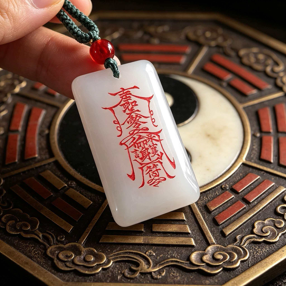 天然白玉朱砂道教护身符牌 八卦盘特写