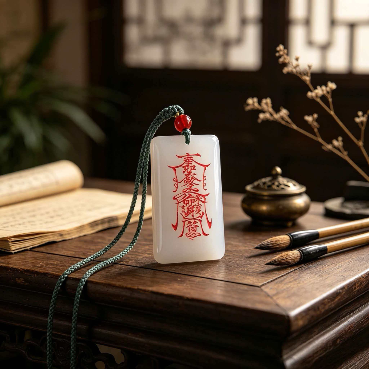 天然白玉护身符牌 文房书案静物展示